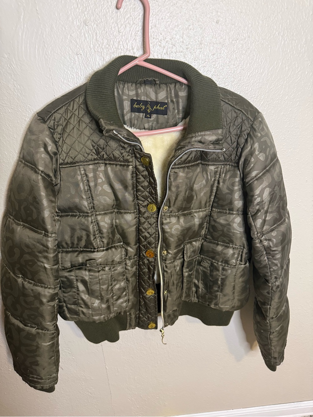 Baby Phat Olive Quilted Jacket with Shearling Lining